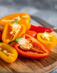 Colorful Bell Peppers on Wooden Board - Fresh and Vibrant Produce.