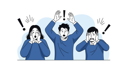 A group of individuals in a state of panic, shock, and distress, reacting to an urgent warning or overwhelming situation with expressive gestures.