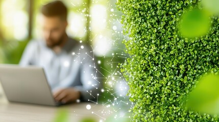Sustainability environment policy concept. Focused professional working on a laptop surrounded by greenery and abstract connections.