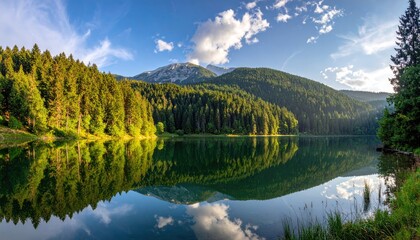 Serene Mountain Lake Reflects Lush Green Forests and Snow-Capped Peaks Under a Blue Sky with Wispy Clouds