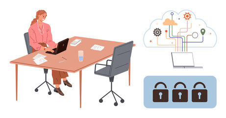 Woman typing on laptop at desk, cloud connected to gears and icons, padlocks representing security. Ideal for technology, cybersecurity, cloud computing, remote work, data management, productivity
