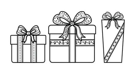 Three hand drawn outline gift boxes with ribbons and bows for holidays and celebrations