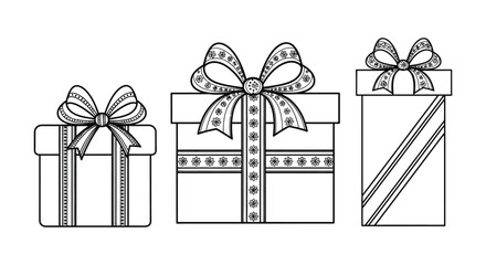 Three hand drawn gift boxes with decorative ribbons and bows in a simple line art style