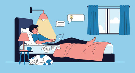 A young person works comfortably on a laptop in bed at home, enjoying a relaxed work-from-home setup with a sleeping cat, bright ideas, and communication.