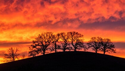 Silhouetted Oak Trees on Rolling Hilltop Against Fiery Orange and Red Sunset Sky with Dramatic Clouds