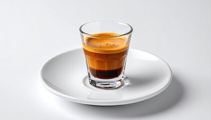Single Shot Espresso Coffee in Clear Glass Cup on White Saucer Isolated Studio Lighting