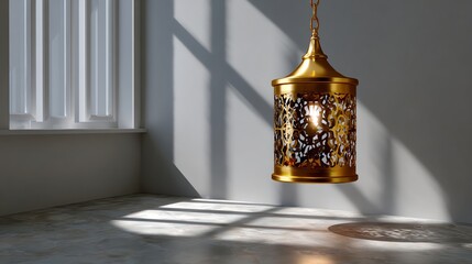 Ornate Gold Lantern Hanging in Room with Sunlight From Window