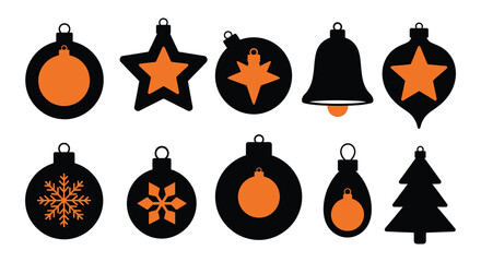 Collection of festive black and orange christmas ornaments in various shapes and sizes for holiday decoration