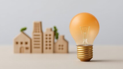 Ethical Business Investment for a Sustainable Future, Light bulb with buildings background symbolizes innovation and urban life.