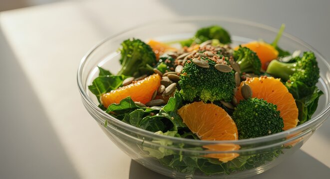 Fresh broccoli and orange salad in a glass bowl with sunlight