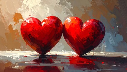 Two red hearts, painted style, touching, reflective surface