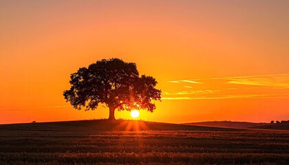 Solitary Oak Tree Silhouetted Against a Fiery Sunset Sky Casting Golden Rays Over a Field of Crops