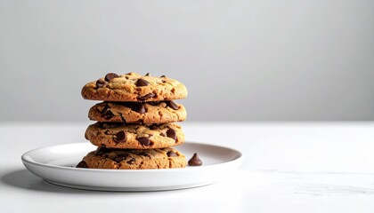 Stack Of Four Chocolate Chip Cookies On A White Plate Against A Light Gray Background