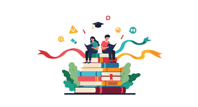 Students reading on a towering stack of books, surrounded by symbols of education and achievement, illustrating the journey of learning and academic success. - Powered by Adobe