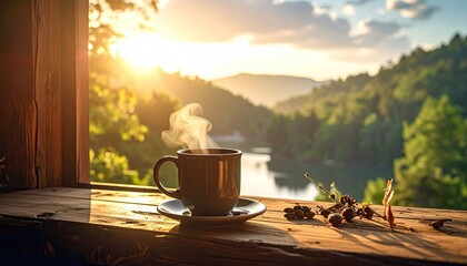 Steaming Coffee Cup on Wooden Table Overlooking Sunlit Forest Valley and River at Sunrise Warm Golden Light Creates Peaceful Morning Atmosphere