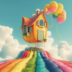 Whimsical House Flying with Balloons over Rainbow Hill
