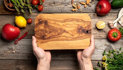Wooden cutting board held aloft, surrounded by fresh produce