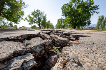Cracked asphalt roadway with green trees and clear sky above in the daytime.