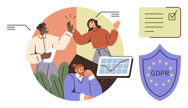 Business team discussing analytics, GDPR compliance, and privacy policy with charts, a checklist, and a shield. Ideal for teamwork, analytics, planning, data security compliance privacy simple