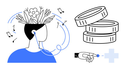 Human head connects to music with blooming flowers representing creativity robotic hand interacts with technology and coins. Ideal for mental health, self-growth, finance, technology, wellness, AI