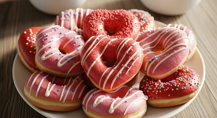 Heart Shaped Glazed Donuts on Wooden Table, Sweet Dessert Food Photography with Sugary Shine and Cozy Background