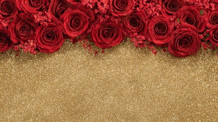Beautiful red roses flower border on soft gold glitter background creating elegant romantic valentine’s day scene, shimmering floral backdrop perfect for love celebration, greeting cards, wedding invi