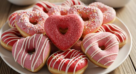 Heart Shaped Glazed Donuts on Wooden Table, Sweet Dessert Food Photography with Sugary Shine and Cozy Background