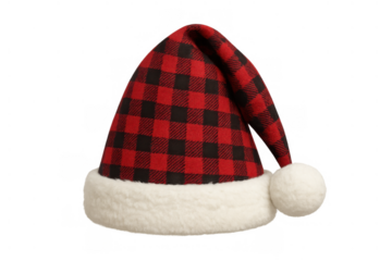 Santa hat in red and black buffalo plaid fabric with white faux fur and pom pom, celebrating winter holidays