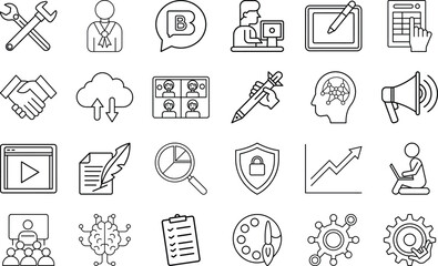 Business and office line icons set linear style pictogram on transparent background