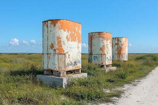Rusty Storage Tanks on Concrete Bases Amid Green Grass and Blue Sky Landscape