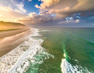 Aerial view of a beach at sunset with waves, sand, and clouds