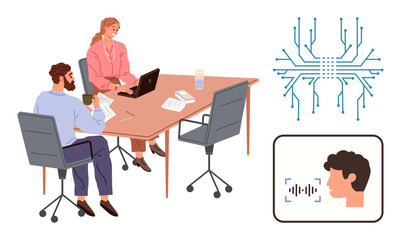 Two colleagues at a desk with laptops and documents discuss innovative AI applications. Digital microchip diagram and voice recognition visual emphasize technology. Ideal for business, AI, teamwork