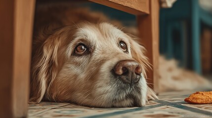 Golden Retriever Resting Underneath Table Looking Longingly at Treat