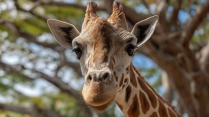 Naklejka premium Close up of a giraffe's face with trees in the background in a natural outdoor setting on a sunny day