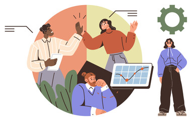 Group of professionals discussing progress, high-fiving in a casual setting with data trends on the screen. Ideal for teamwork, collaboration, brainstorming, growth, success, communication