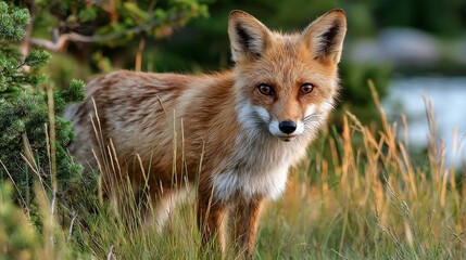Fototapeta premium Red Fox Portrait in Grassy Field Wildlife Photography at Golden Hour
