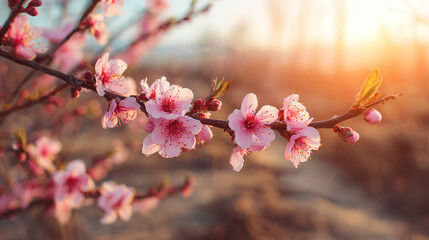 Fototapeta premium Delicate pink cherry blossoms bathed in warm golden sunlight