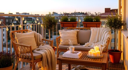 Cozy Sunset Balcony with Rattan Chair, Fairy Lights, and City View