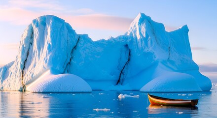 Majestic Arctic Iceberg with Vintage Rowboat at Sunrise in North Pole Waters