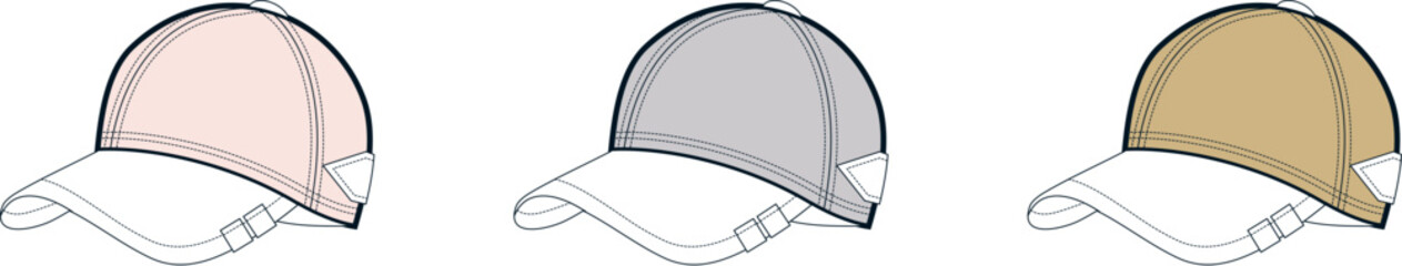 Vector graphic set of classic baseball caps. Three distinct colors soft pink, neutral grey, and warm brown. Ideal for fashion, lifestyle, and apparel accessory designs