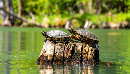 Two turtles on a stump in a pond