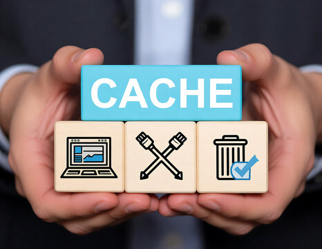 CACHE. Cleaning browser from trash files. Deleting documents with cleansing software. Cache and spam concept for website design or landing web.new concept