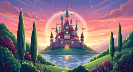 Whimsical Fairy Tale Castle on Hilltop at Sunset with Moat and Glowing Lights, Fantasy Illustration