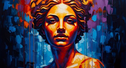 Noir Impasto Mythological Goddess Portrait in Fiery Orange Blue and Violet, Abstract Spiritual Oil Painting with Expressive Brushstrokes
