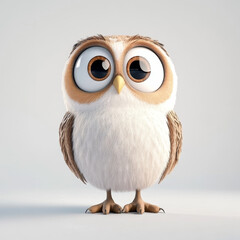 Cute cartoon owl with large eyes, fluffy feathers, and charming expression on white background