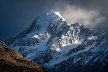Snow Capped Mountain Peak Illuminated Against Dramatic Cloudy Sky in Natural Light
