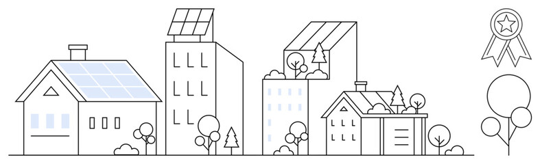 Urban buildings and houses with solar panels, trees, and minimalistic eco-friendly features. Ideal for renewable energy, sustainability, green living, urban planning, eco-technology, community
