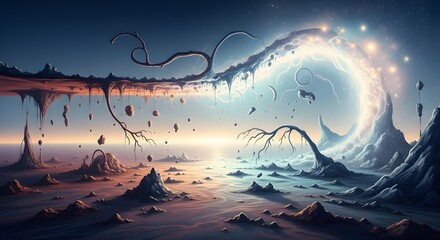 Surreal Boundary Between Reality and the Unknown, Mystical Abstract Scene with Ethereal Vortex and Shimmering Light