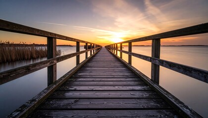 Wooden pier extends to sunset over calm water