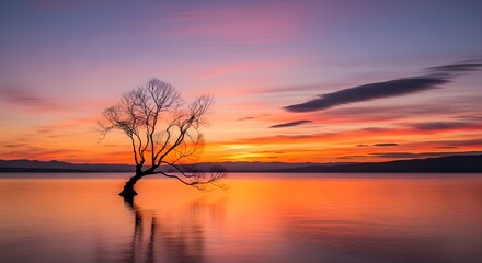 Solitary Leafless Tree Reflected in Still Lake at Sunset, Dramatic Landscape Photography with Vibrant Sky and Mountain Silhouette